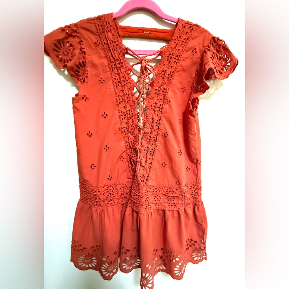 Free People Esperanza Lace-Up Eyelet Tunic Drop waist open back Dress - Orange
